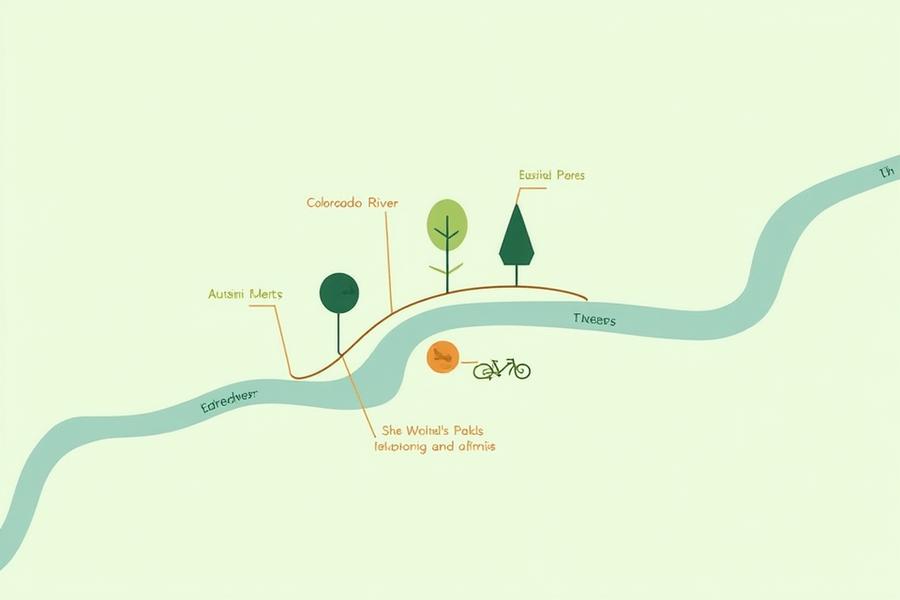 Stylized map of Austin, Texas highlighting farmers markets, green spaces, and recycling centers.