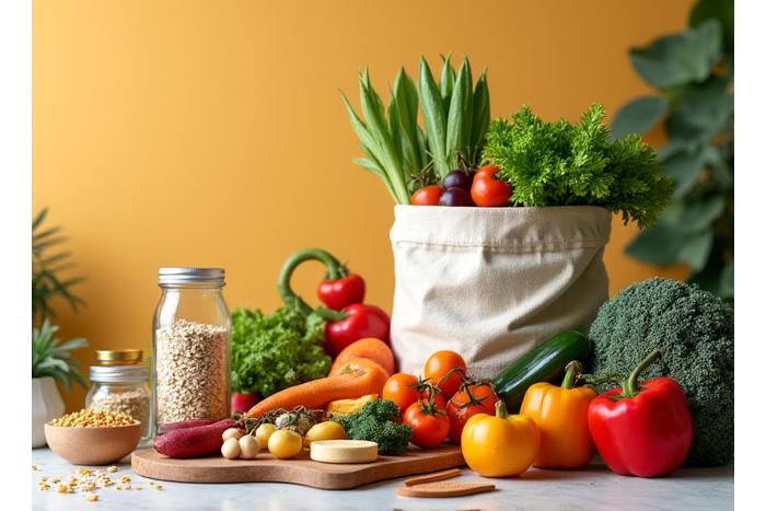 Reusable shopping bags filled with fresh produce and zero-waste containers, on a rustic kitchen counter.